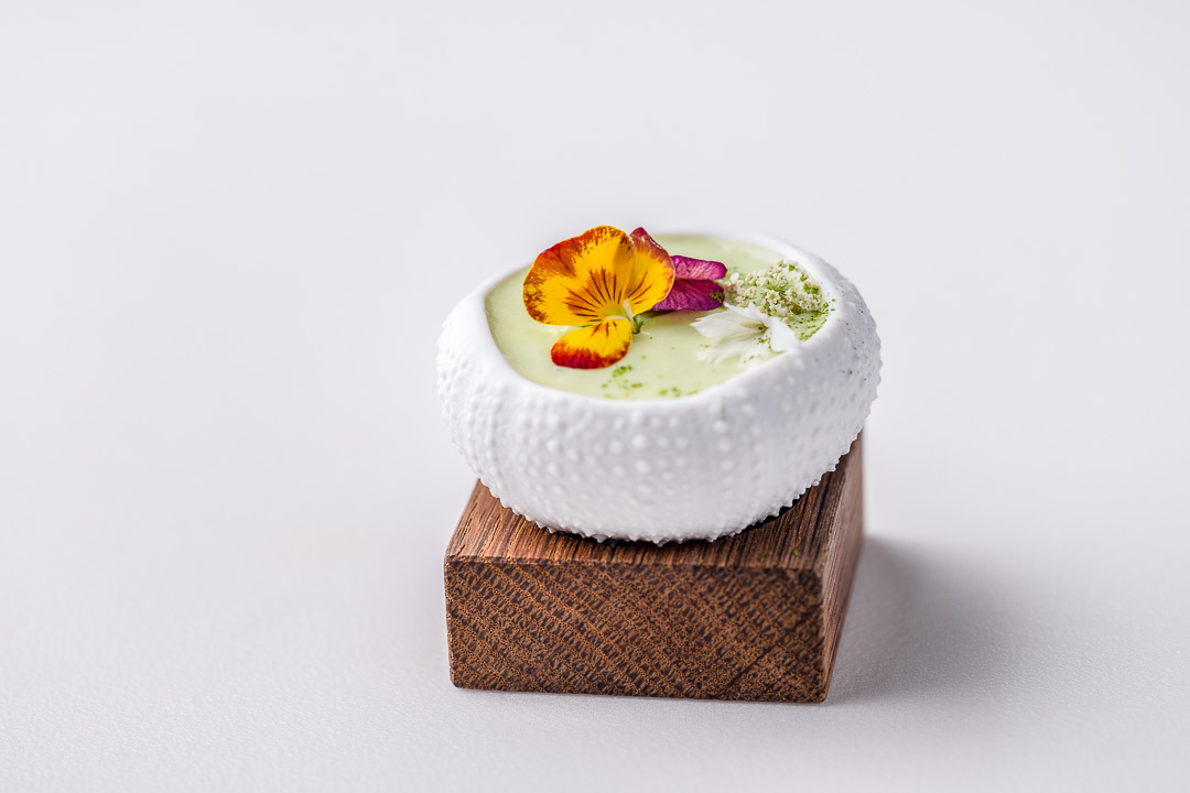 Burg Schwarzenstein and Nils Henkel by Hungry for More. Prolog. Gazpacho Andaluz, king crab and japapeño foam.