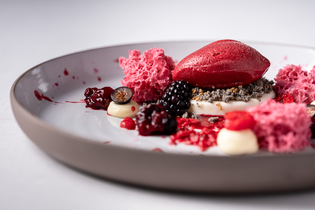 Enoteca Paco Pérez by Hungry for More. Details of the dessert with red fruit by chef Xisco Simon.