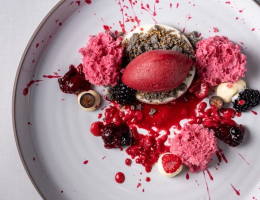 Enoteca Paco Pérez by Hungry for More. Top shot of the dessert with red fruit by chef Xisco Simon.