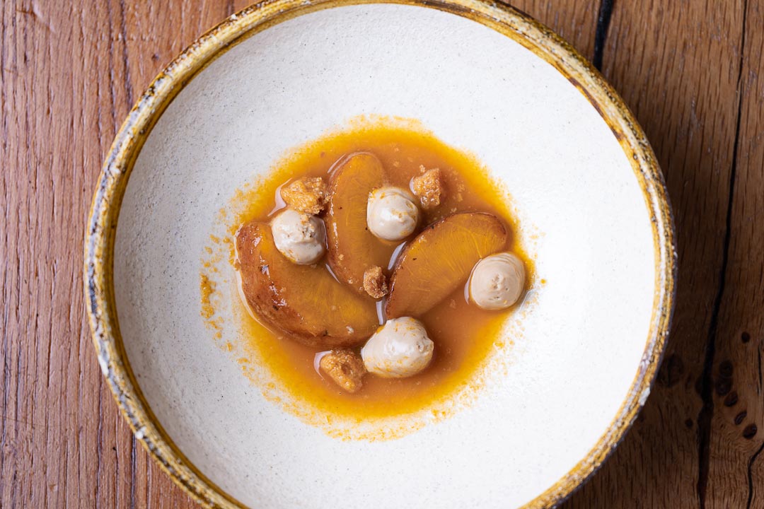 Suculent by Hungry for More. Top-shot of the peach and English cream by chef Antonio Romero.