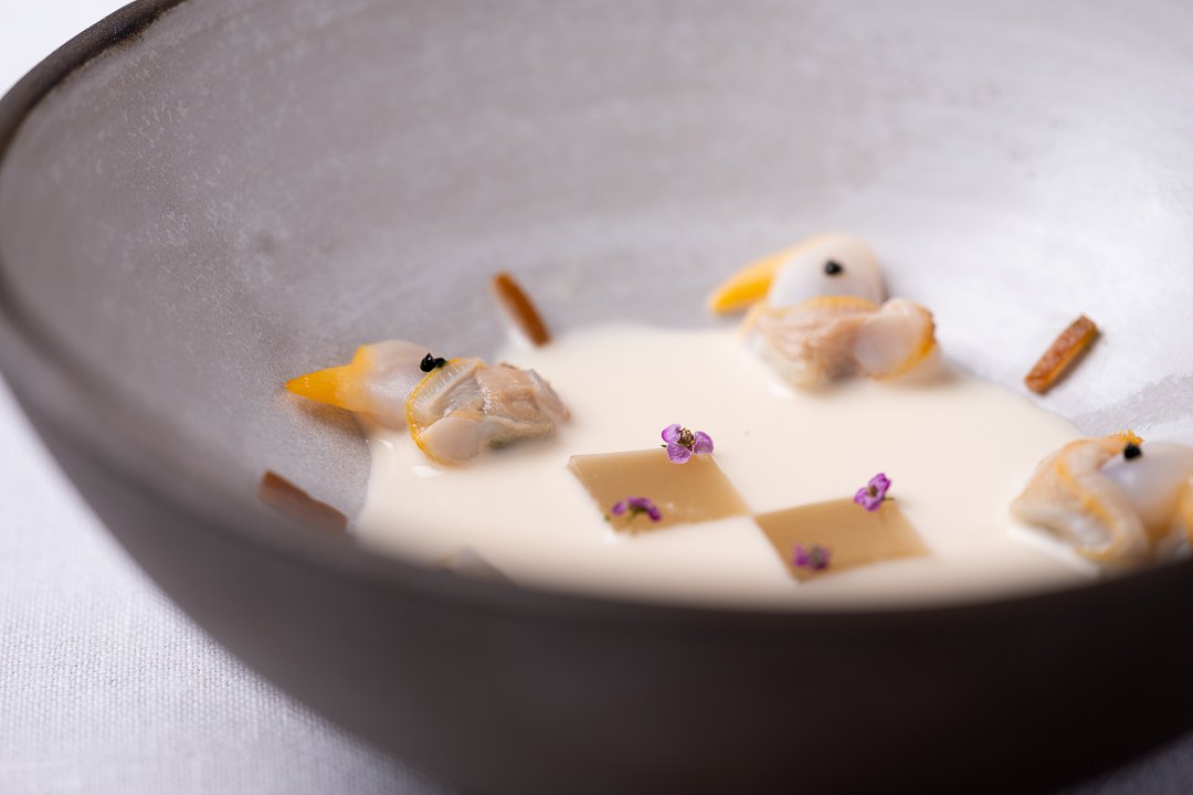 Aponiente by Hungry for More. Gazpachuelo berberecho, cockles and Andalusian cold soup. Close-up.