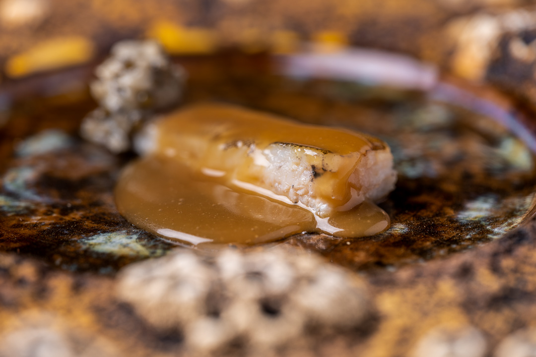 Aponiente by Hungry for More. Spotted flounder fish cooked with Aponiente’s instant sea salt technique and meunière sauce. Close-up 02.