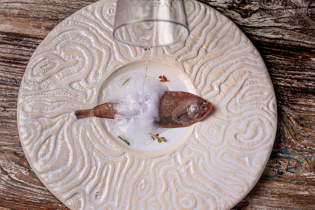 Aponiente by Hungry for More. Spotted flounder fish cooked with Aponiente’s instant sea salt technique and meunière sauce. Technique. Top action view 06.