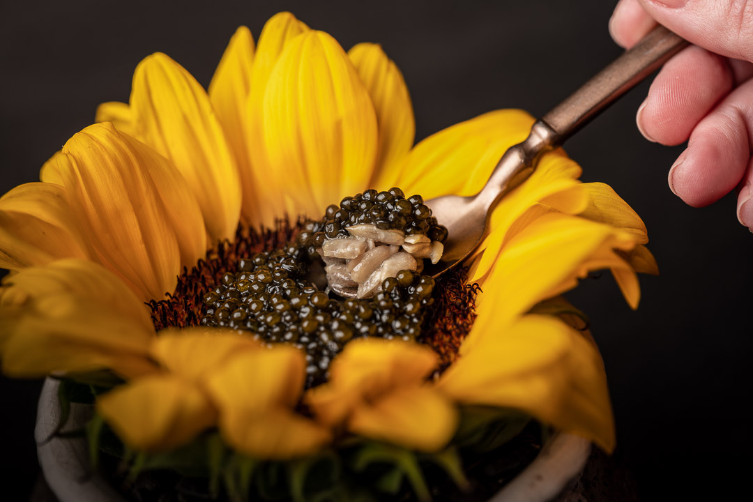 The White Rabbit by Hungry for More. Details of the sunflower with caviar by chef Vladimir Mukhin.