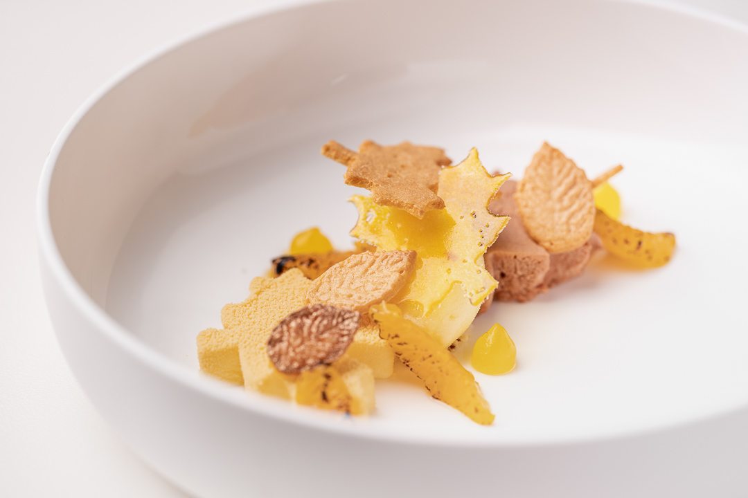 The White Room by Hungry for More. Detail of dessert of mandarin, chocolate, cinnamon and sponge fingers.