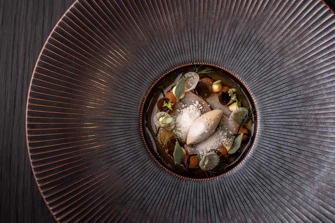 Zilte by Hungry For More. Lightly pickled mackerel featuring kombu, hijiki, kumquat and goose liver