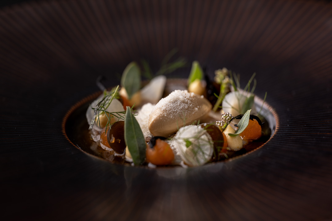 Zilte by Hungry For More. Lightly pickled mackerel featuring kombu, hijiki, kumquat and goose liver